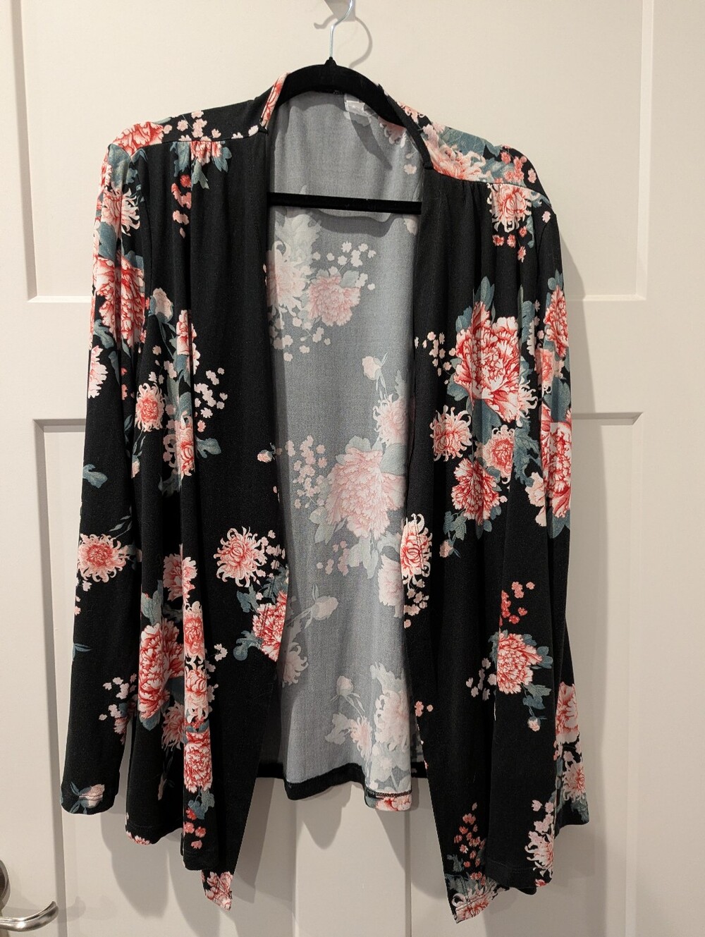 Floral Open-Front Black Knit Cardigan